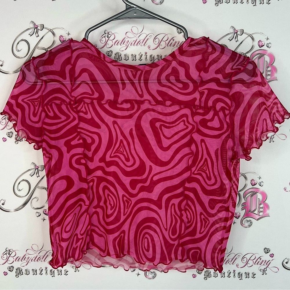 Sinsay tshirt tee cropped mesh swirl splatter style Pink Patterned cropped Top